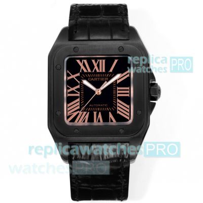 Swiss Clone Cartier Santos 100 Black Face Rose Gold Roman 2824 Watch 